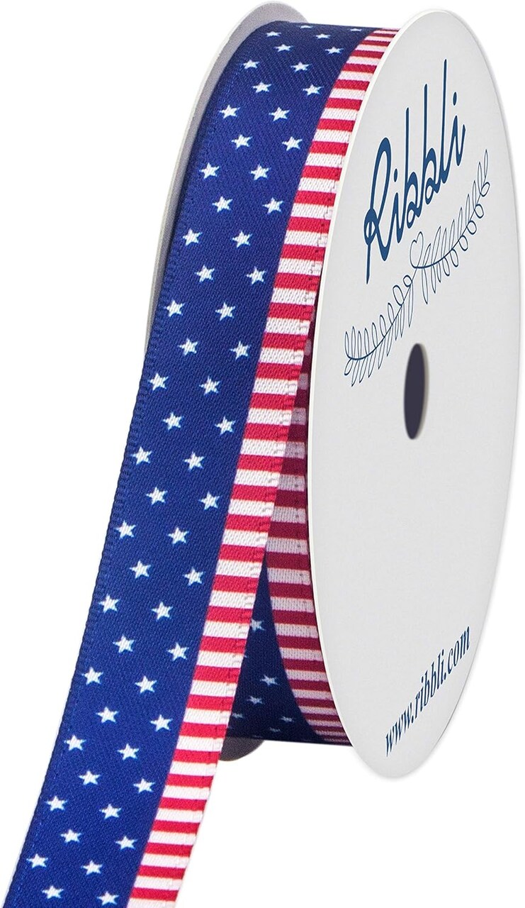 Satin Stars and Stripes Patriotic Craft Ribbon, Navy/White/Red,Use for Memorial Day, Veterans Day, 4th of July, President's Day, USA Decorations